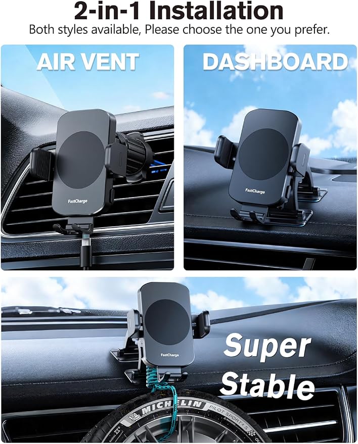 Wireless Car Charger, 15W Fast Charging Auto-Clamping Phone Holder Phone Mount【Windshield+Vent+Dash】 Car Accessories for Women Men fit for iPhone 17 16 15 14 13 12 Pro Max 11 XR XS, Samsung Galaxy