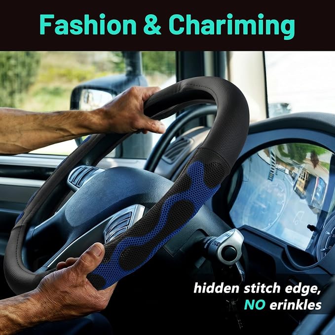 DaisyInner 17.5-18 Inch Steering Wheel Cover for Semi Truck No-Slip & Comfy Grip for Semi Trucks, Rv, Big Rig and 18 Wheelers(Mesh D,Leather,Blue)
