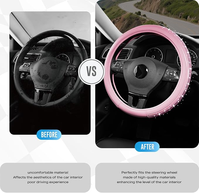 Road Comforts Bling Steering Wheel Cover – Pink Diamond Design, Universal Fit 14.5-15 Inch, Microfiber Leather, Anti-Slip & Breathable Design for Men and Women