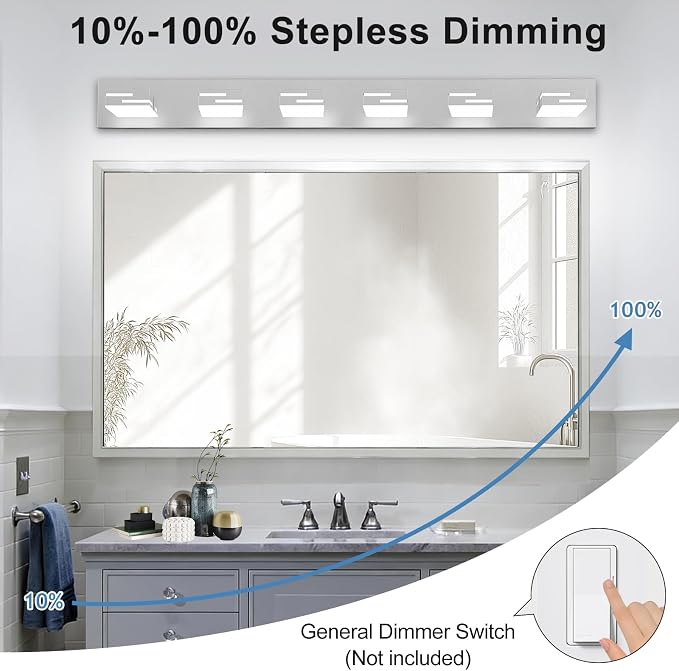 LED Modern Bathroom Vanity Light Fixtures, Dimmable Chrome Vanity Lights for Bathroom Lighting Fixtures Over Mirror, with 360° Rotatable Heads 6-Light 42-inch (Cool White 6000K)