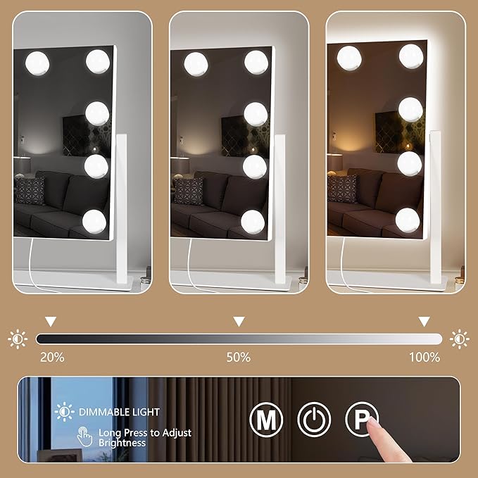 Ratsamee Hollywood Vanity Mirror with Lights, 12" x 14", 9 Dimmable Bulbs, 3 Color Lights, Make Up Lighted Mirror, 10x Magnification 360°Rotation White