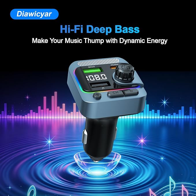 63W FM Transmitter Bluetooth Car Adapter, Wireless FM Bluetooth Transmitter | [PD 45W & QC3.0] Fast Charge, Deep Bass Player, Hands-Free Calling, Blue