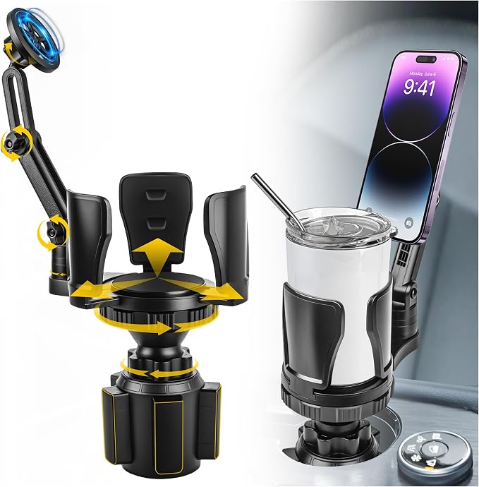 Frani Car Cup Holder Expander with Magnetic Phone Mount | Adjustable Insert Fits 2.68-4.33" Holders, 360° Adjustable Neck, Strong N52 Magnets, iPhone Samsung Compatible
