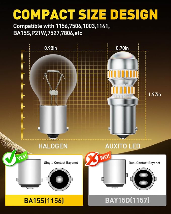 AUXITO 1156 LED Bulbs Amber Yellow Super Bright 7506 BA15S P21W LED Bulb with Projector for Front Rear LED Turn Signal Bulb DRL Marker Blinker Parking Lights, Pack of 2