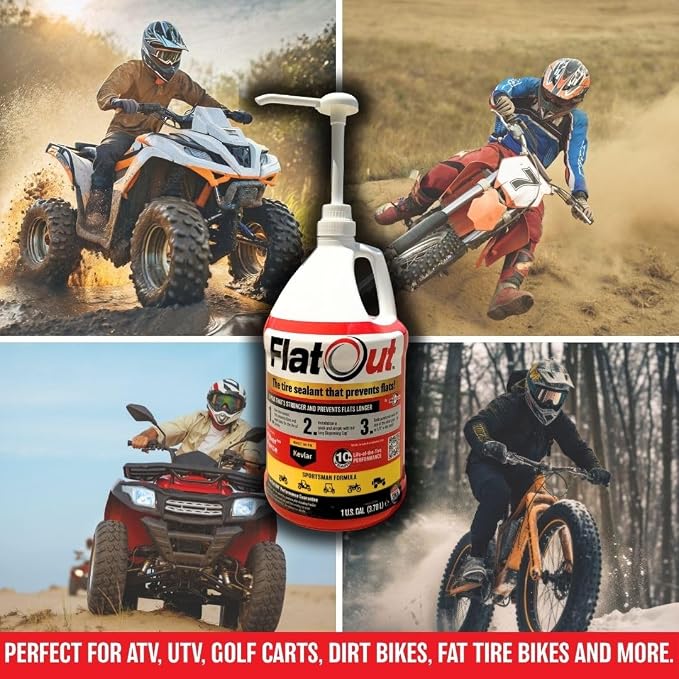Flat Out Tire Sealant Sportsman Formula - Prevent Flat Tires - Seal Leaks - Sportsman Formula with Valve Core Tool - Contains Kevlar - Tubeless Tire Sealant - Fast-Acting Formula - 1 Gallon