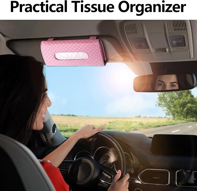 Wuyaoyao Car Tissue Holder, Auto Sun Visor Napkin Holder Mask Holder, Premium PU Leather Car Tissue Holder Visor Tissue Dispenser, Universal Sun Visor Tissue Box for Most Vehicle (Plaid-Pink)