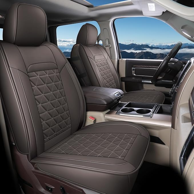 Coverado Leather Car Seat Covers, Waterproof Dooge Ram 1500 Seat Covers Compatible with 2002-2026 Dodge Ram 1500 2500 3500 with Flat Bench (Full Set, Coffee)