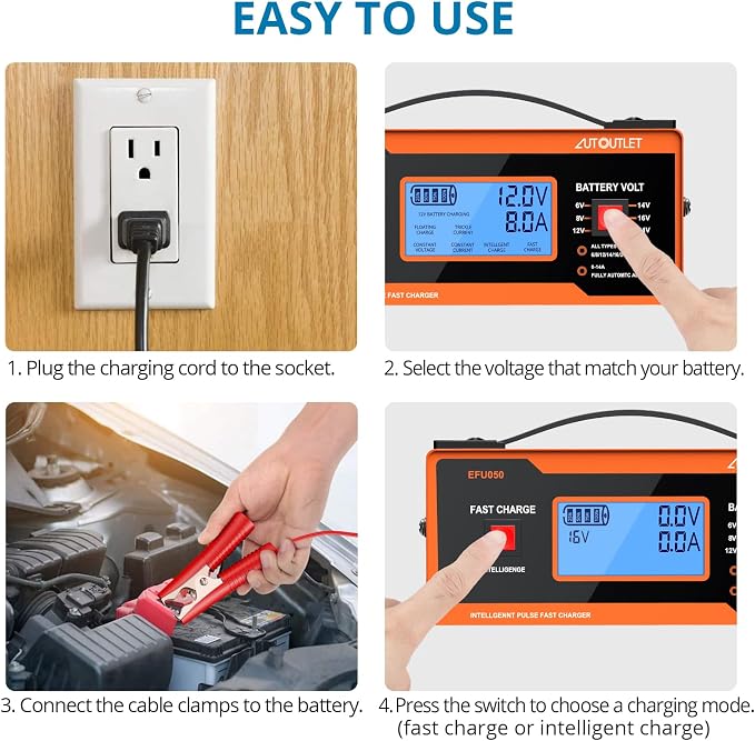 AUTOUTLET 8V Car Battery Charger, 0-14A Fully Automatic 6/8/12/14/16/2 Lead-Acid Battery Charger & Maintainer with 7-Stage Charging, Overcharge Protection, Reverse Polarity LED Indicator, 80cm Cable