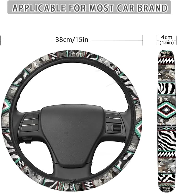 Wanyint Auto Steering Wheel Cover for Women Men, Universal 15 Inch Soft Elastic Steering Wheel Wrap Anti-Slip Easy to Install Car Accessories, Aztec Camo Zebra Print