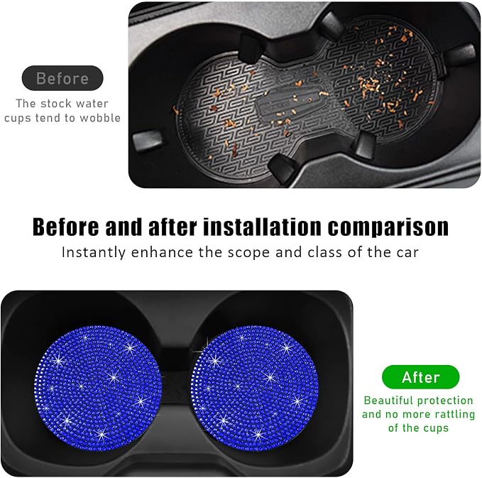 Ziciner 2PCS Bling Car Cup Holder Coaster, 2.73 Inch Anti-Slip Cup Insert Coasters, Crystal Rhinestone Auto Drink Cup Mat, Universal Interior Decor Car Accessories for Women Girls (Blue)