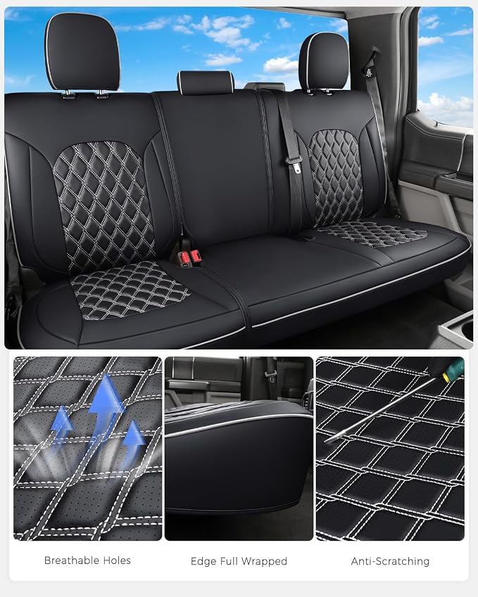 Huidasource Rear Car Seat Covers Fit for Toyota Tacoma 2016-2023 Double & Crew Cab SR SR5 Limited TRD Sport/Pro/Off Road, Split Rear Bench Back Row Leather Seat Cover (Back Row/Black&White)