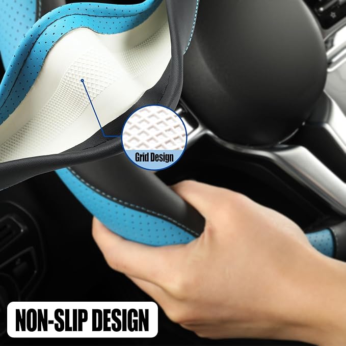 Black Blue Microfiber Leather Steering Wheel Cover 15 inch | Breathable Anti Slip Grip Cool Sporty Look Glow for Women Men