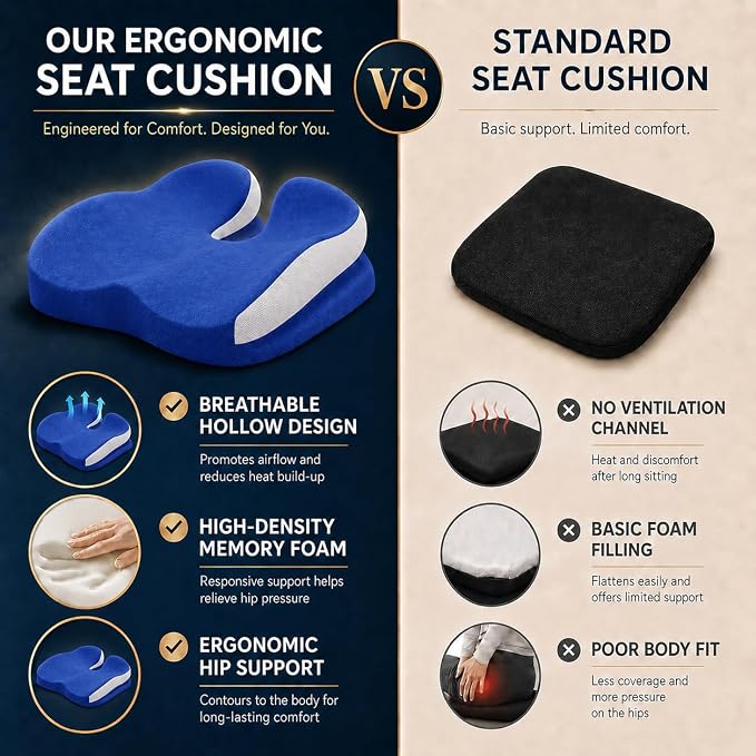 Memory Foam Seat Car Computer Desk Chair Cushion，Cushion For Tailbone Pain Relief Cushion Office Chair Butt Pillow Seat Cushions For Office Chairs Wheelchair Cushion For Long Sitting Back Pain Blue | Suitable for prolonged sitting, relieves tailbone pa...