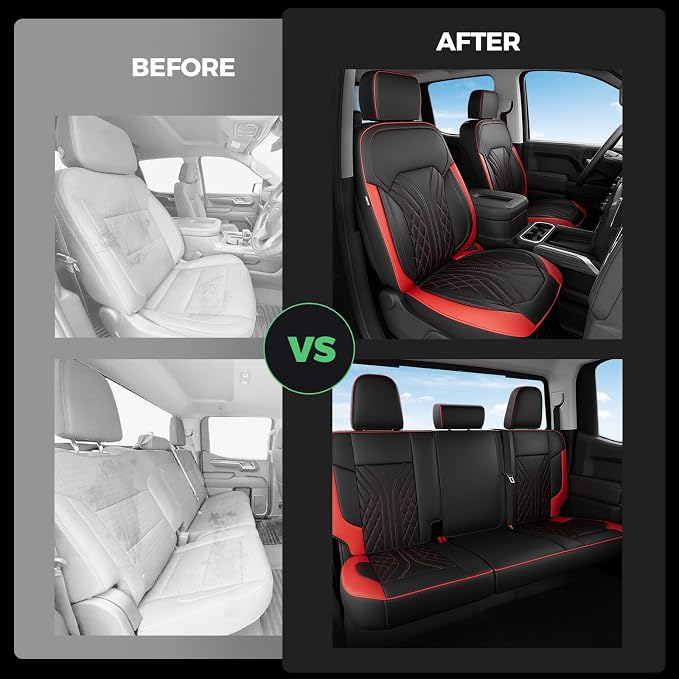 Truck Leather Seat Covers for Chevy Silverado Gmc Sierra 2019-2026 | Crew Cab 1500/2500/3500HD, Bucket Seat, NO Rear Seatback Storage, Scratch-resistant, Easy-clean, Pickup Protector, Full Set