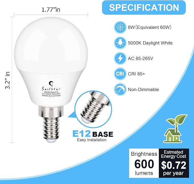 Candelabra LED Light Bulbs 60-Watt Equivalent, Daylight White 5000K, E12 Candelabra Base, 6 Watt A15 LED Bulbs for Ceiling Fan, Vanity Mirror Light | 6-Pack