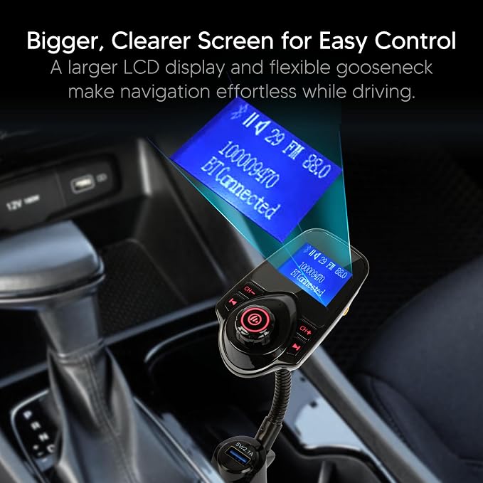ONN FM Bluetooth FM Transmitter for Car, Bluetooth Car Adapter, Black | Dual USB Fast Charging, Bluetooth 5.0, 1.44" LCD, Bluetooth USB MicroSD AUX, Flexible Gooseneck, 12V-24V for Cars SUVs Trucks