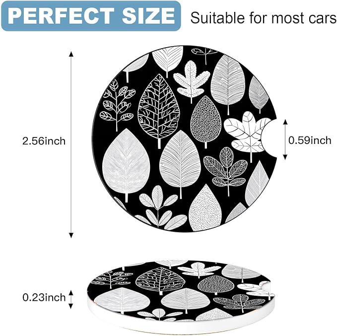 Car Cup Holder Coaster Set of 2, 2.56 in Ceramic Coasters, Scratch-Resistant Cork Backing, Finger Groove Design for Easy Placement, Cute Car Accessories Interior for Women (Black Leaves)