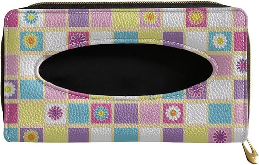 Daisy Color Plaid Car Visor Tissue Box Music Print Car Napkin Holder Daisy Car Mask Holder Tissue Holder PU Leather