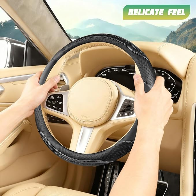Car Steering Wheel Cover, Carbon Fiber Breathable Vehicle Steering Wheel Cover Wrap with Anti-Slip Lining, Automotive Interior Decorative Accessories, Universal for SUV RV Truck (Black)
