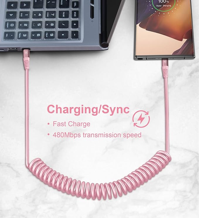 USB C to USB C Cable [3FT+6FT], 2Pack Coiled USBC Cable for Car USB Type C | Fast Charging Cable, CarPlay iPhone USB-C Cable/Android Auto USB C Cord for iPhone 17/16/ 15/Pro Max/Samsung Galaxy S23-Pink