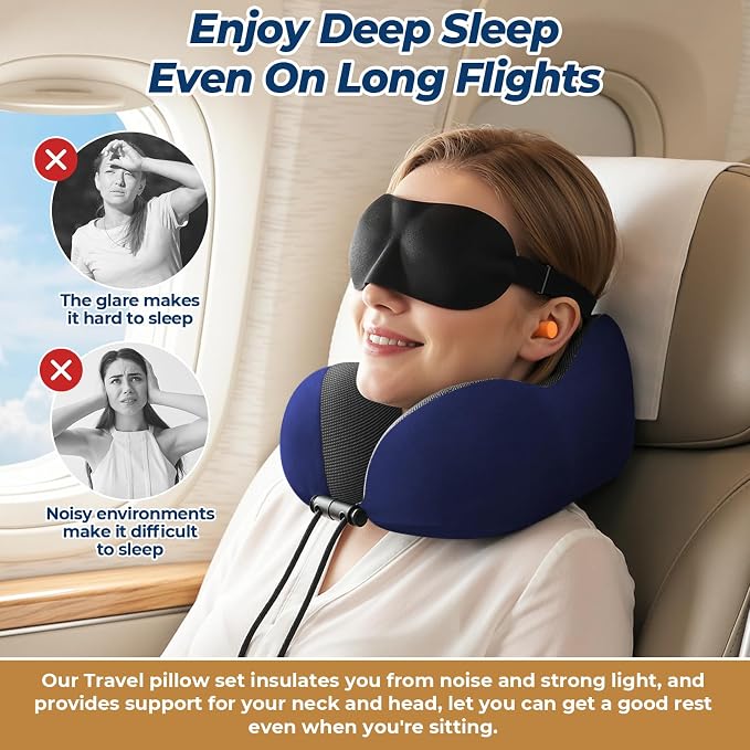 ExploreBliss Travel Pillow, Travel Pillows for Sleeping Airplane, Neck Pillow Airplane, Memory Foam Neck Pillow Set with Eye Mask, Earplugs and Storage Bag -Blue