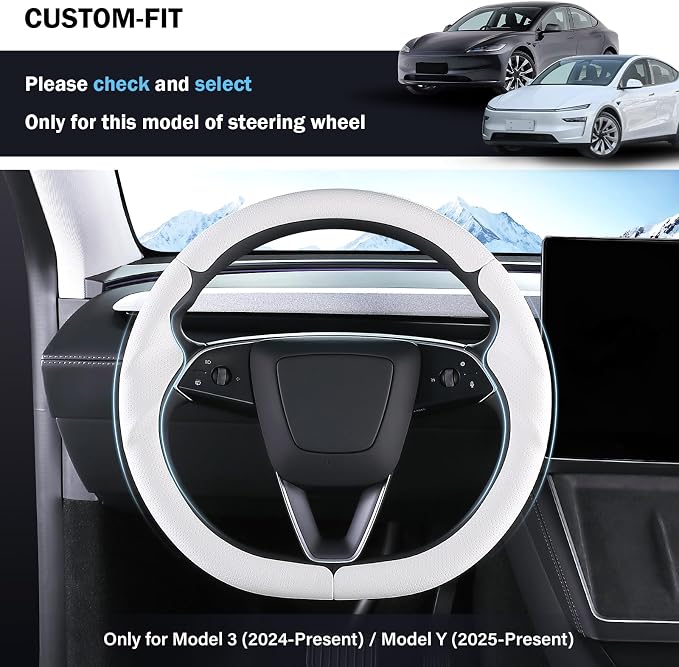 Steering Wheel Cover for Tesla Model 3 Highland(2024-Present)/ Model Y Juniper(2025-Present),Anti-Slip,Comfortable Grip,Breathable,Customized for Tesla Model 3/Y Accessories,Nappa White