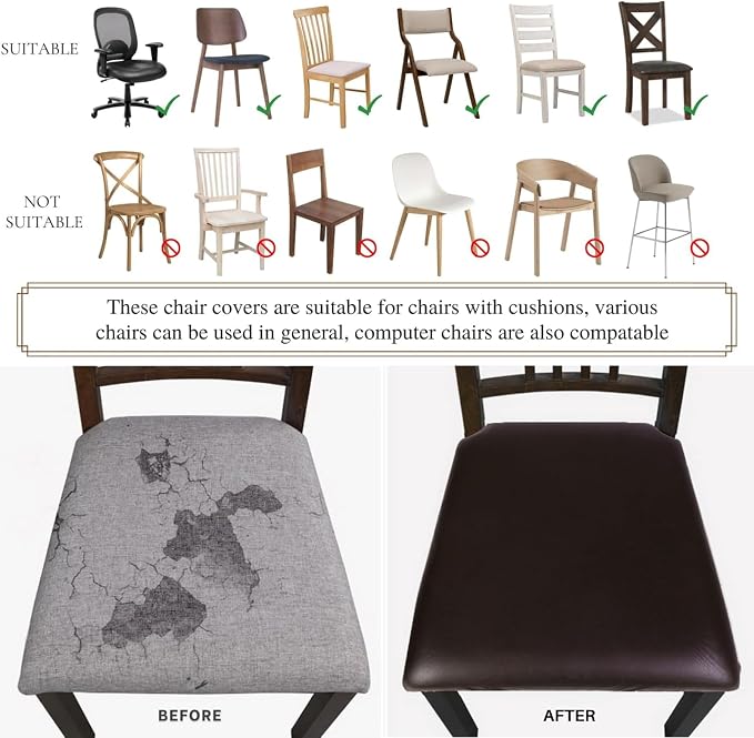SearchI Waterproof PU Leather Seat Covers for Dining Chairs, 6 Pack Stretch Dining Room Chair Seat Covers, Kitchen Chair Seat Covers Protectors (Deep Brown)
