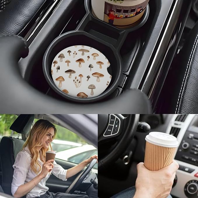 Ceramic Car Cup Coasters 2PCS - Tasty Mushroom | with Cork Back & Finger Slot, Anti-Slip Shock Absorbing, Universal Car Interior Accessories for Men Women