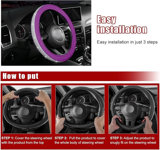 povtii Bling Car Steering Wheel Cover, Sparkling Crystal Rhinestone Auto Wheel Protector, Anti Slip Cover Fit 15 Inch Steering Wheel for Women Girls, Universal Car Accessories (White+Purple)