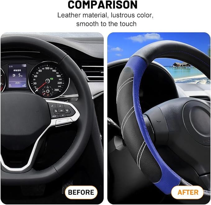 Zpana Car Steering Wheel Cover, 15 Inch Carbon Fiber Leather Non-Slip Steering Wheel Protector with Lining, Breathable Automotive Interior Accessories, Universal for SUV RV Truck (Blue)