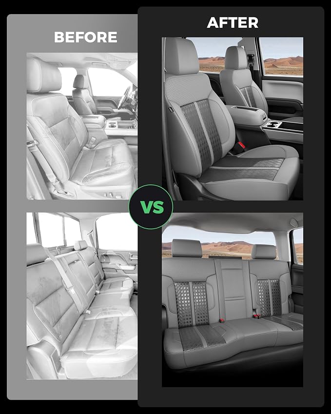 Custom Leather Seat Covers for 2014-2018 Sierra/Silverado 1500 | Only Crew Cab, Fits 2500/3500HD 2015-2020, no Rear Armrest/Seatback Storage, Waterproof, Scratch-resistant, Easy-clean