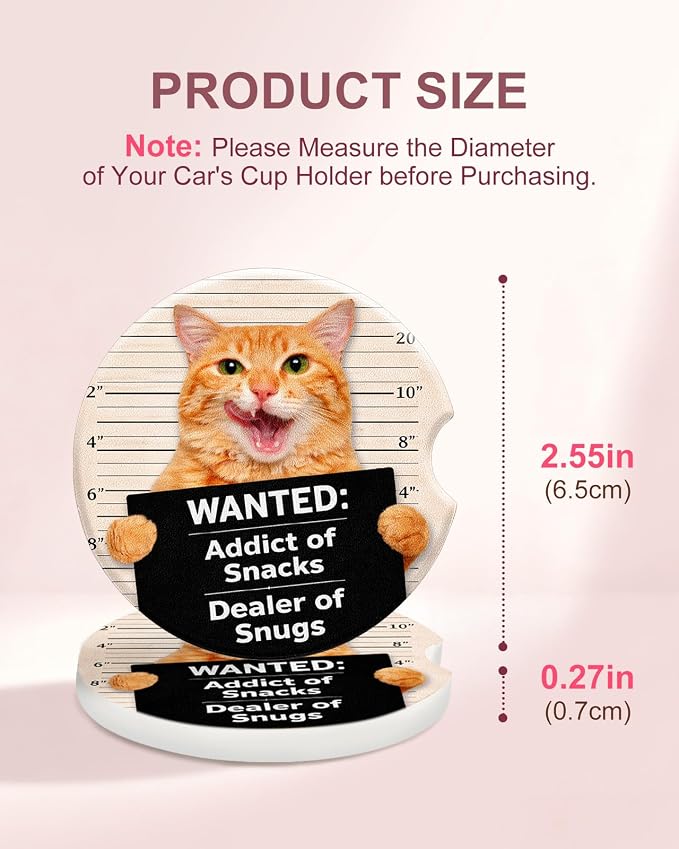 Swooflia 2 Pack Absorbent Ceramic Car Coasters for Women - 2.55 Inch Cat Funny Quote Car Cup Holder Coasters with Cork Base, Funny Car Accessories, New Driver Gifts