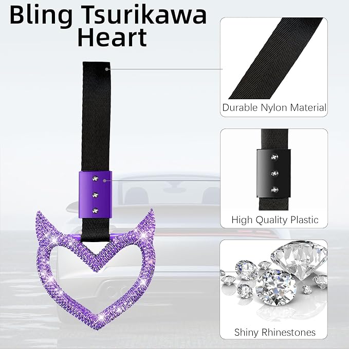 NBTEPEM Bling Heart Handle Keychains Bling Car Accessories for Women Hand Strap Drift Charm Rear Bumper Warning Ring Tsurikawa Heart Decor for Car Interior Exterior Decoration (Purple, Devil Style)