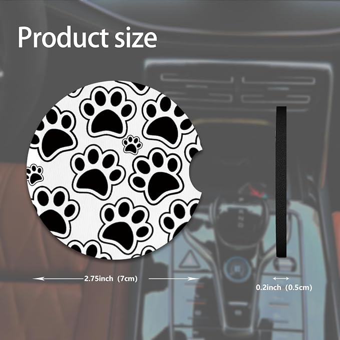 2pcs Black Dog Paw Print Car Coasters,Absorbent Universal neoprener Cup Holder Coasters with a Finger Notch,Car Accessories for Women&Man Interior，2.75"