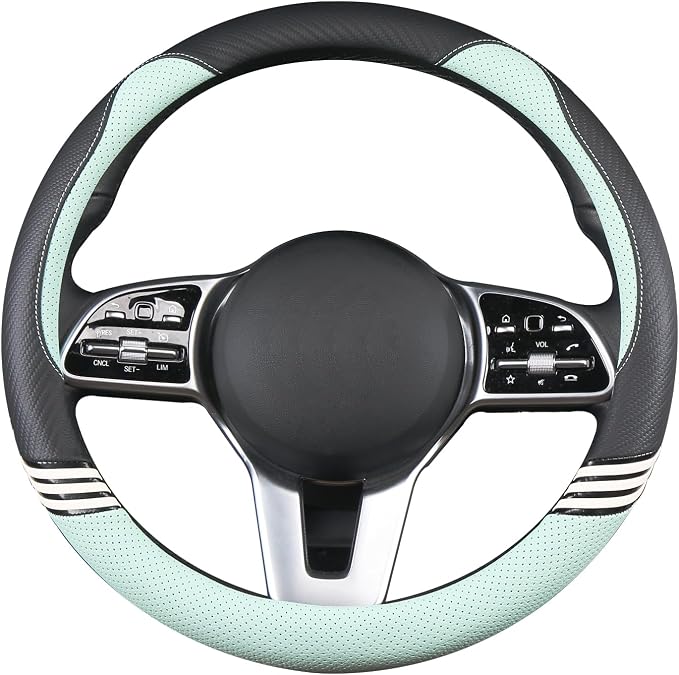 Small 14 inch Cute Leather Steering Wheel Cover Black and Green | Breathable Non-Slip Faux Leather and Carbon Fiber Car Accessories for Women Men 13.5 inch to 14 inch