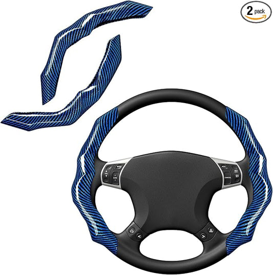 Carbon Fiber Steering Wheel Cover 2PCS Segmented Clip-on Protector (Blue) | Universal Fit, Anti-Slip Lining, Sporty Style, Car Interior Accessory for Men and Women