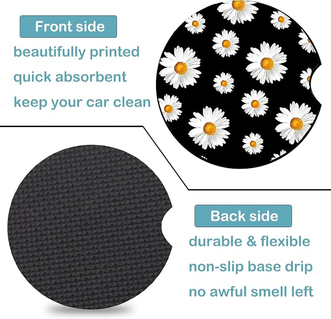 2 Pack White Daisy Car Cup Holder Coasters Universal Neoprene Coasters | 2.75" Universal Size Anti Slip Rubber Mat,Auto Cup Holder Decor Accessories for SUV Truck,Daisy Gifts for Women Men Mom