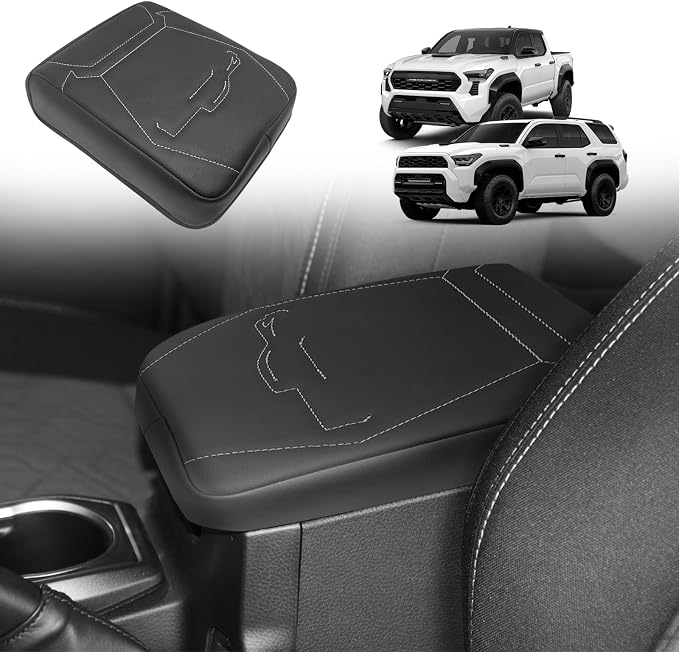 Muslogy Center Console Armrest Cover Fit for Toyota Tacoma 2024 2025 2026 Accessories, Comfort Armrest Pad Console Lid Cushion Protector Vegan Leather Regular Thick(Black/Gray Trim)