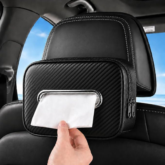 Carbon Fiber Texture Car Tissue Holder, Extra Large Car Tissue Box Holder for 120–230 Count Rectangular Tissue Boxes, Wider Opening, Dual Zipper, Fits Headrests, Consoles, and Seat Backs