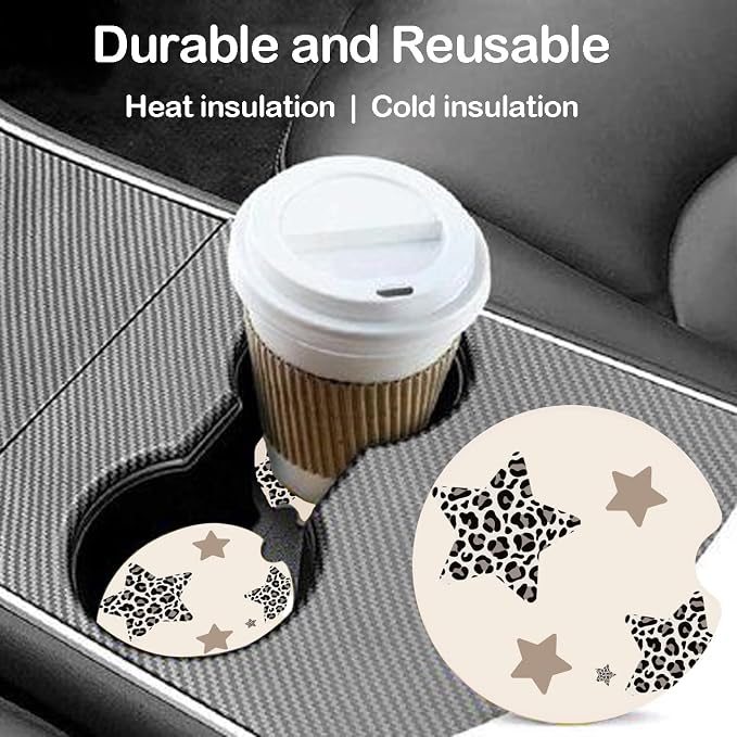 Ceramic Car Coasters – Absorbent Car Cup Holder Coaster Set for Women, Cute Aesthetic Car Accessories for Girls, 2 Pack (Oatmeal)