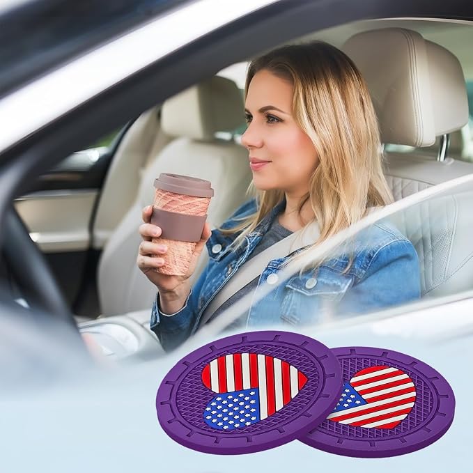 AUCELI 4 Pack Car Cup Holder Coasters, Colored American Flag US Flag Insert Car Cup Coaster, 2.75 Inch Anti Slip Shockproof Embedded Drink Mat, Vehicle Interior Decor Accessories