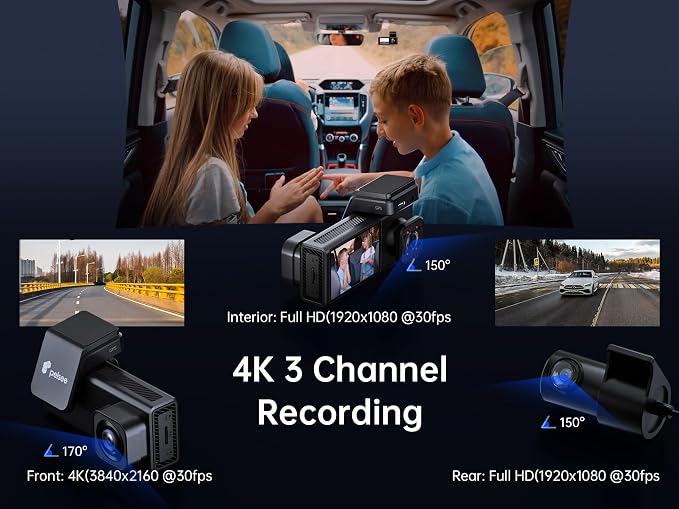 Pelsee 4K 3 Channel Dash Cam Front and Rear Inside, Dash Camera for Cars, 4K+1080P+1080P Dashcam with APP & WiFi, Smart Driving System ADAS DMS, 24H Parking Mode,G-Sensor (SD Card Not Included)