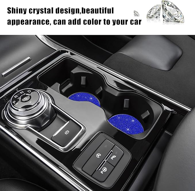 Ziciner 2PCS Bling Car Cup Holder Coaster, 2.73 Inch Anti-Slip Cup Insert Coasters, Crystal Rhinestone Auto Drink Cup Mat, Universal Interior Decor Car Accessories for Women Girls (Blue)
