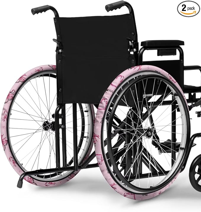 24 Inch Wheelchair Wheel Covers Breast Cancer Awareness | Butterfly Pink Ribbon, 2 Pack Wheelchair Tyre Covers for Indoor Use at Home, Hospitals and Care Facilities