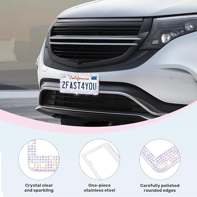 QUANQIUFEI 2 Pack Bling License Plate Frames, Sparkly Rhinestone Diamond Car License Plate Cover for Women, Stainless Steel Car Accessories with Glitter Crystal Caps (Crystal AB)