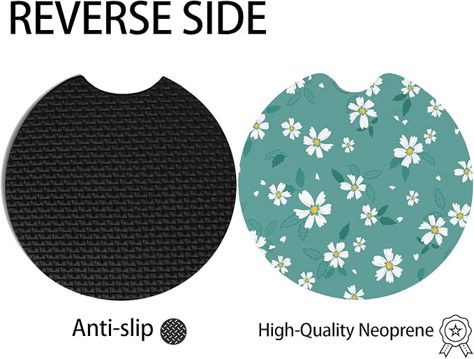 2pcs Cute Blue Flowers Car Coasters,Absorbent Universal neoprener Cup Holder Coasters with a Finger Notch,Car Accessories for Women&Man Interior，2.75" 2