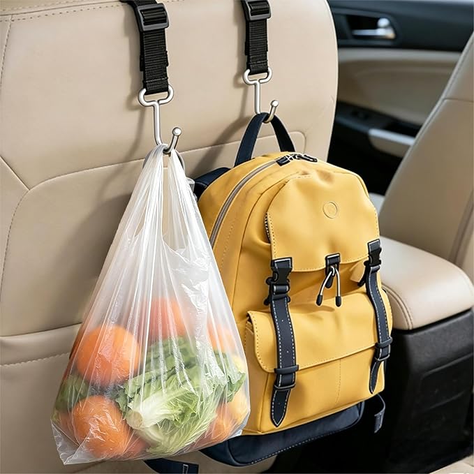 Purse Hook for Car, Adjustable Headrest Hooks, 2 Pack | 100 LBS Heavy Duty, Metal Construction, Includes Carabiner, Easy Install