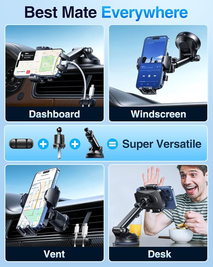 YRU True Military-Grade [360° Rotation Suction] 2026 Ultimate Car Phone Holder Mount【90+LBS Safest Strongest & Patent Certs】 Dash Windshield for iPhone 17 16 Pro Max Speakerphones, Light Gray