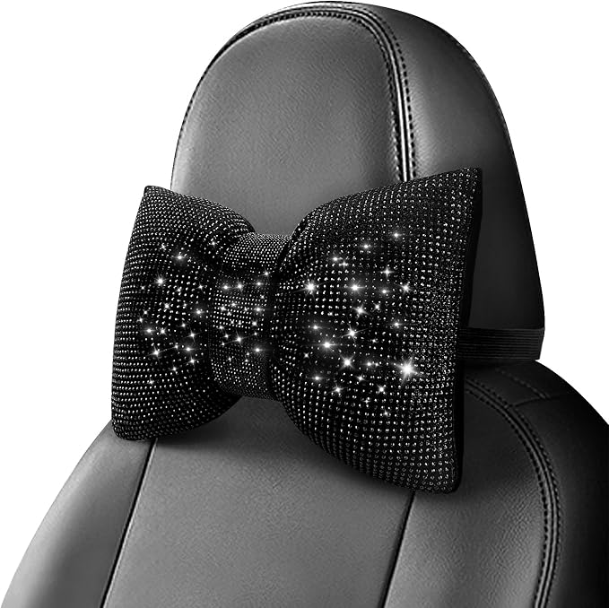 surpassme 2PCS Rhinestone Car Headrest Neck Pillow for Driving with Bling Bling Crystal Bow Pillow Car Accessories for Women (Black)