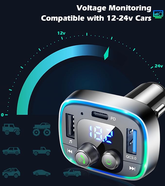 LIHAN Bluetooth Car Adapter 5.4, FM Transmitter, 48W PD/QC Charger | Enjoy Bluetooth music, GPS navigation and hands-free calling while charging devices with powerful 48W PD/QC fast charging